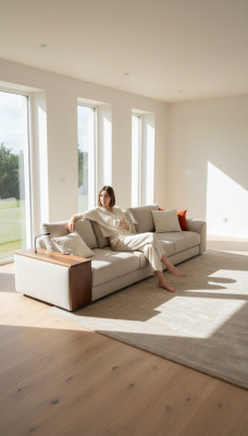 Comodo divano a 5 posti in beige sobrio e design moderno.