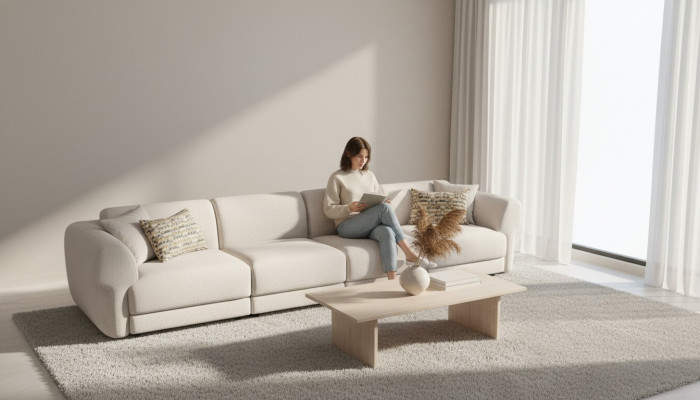 Grande divano beige attraente a 6 posti di design semplice realizzato con materiali di alta qualità