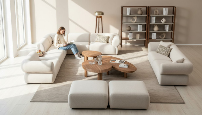 Sofà per soggiorno, set di divani a forma di L, 3 posti con poggiapiedi, design moderno