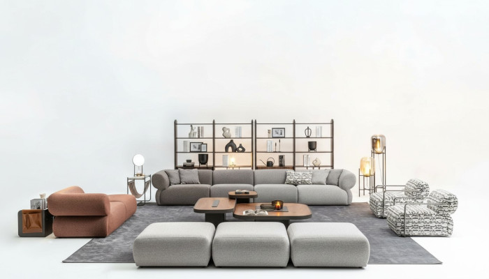 Set di divani moderni a sei posti, tre posti e pouf.