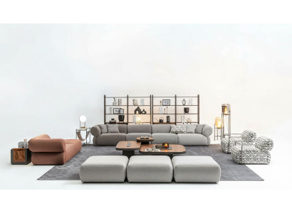 Set di divani moderni a sei posti, tre posti e pouf.