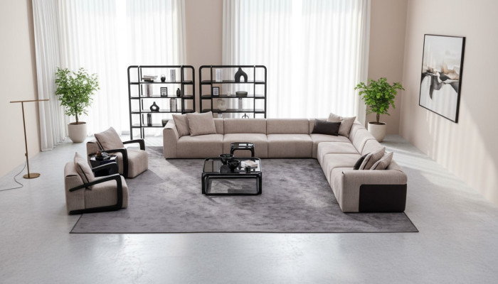 Set di divani di lusso Set da salotto Paesaggio abitativo a forma di L Divano Poltrona Tessuto Nuovo