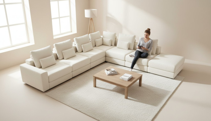 Soggiorno bianco in stile moderno a L con divano imbottito da designer.