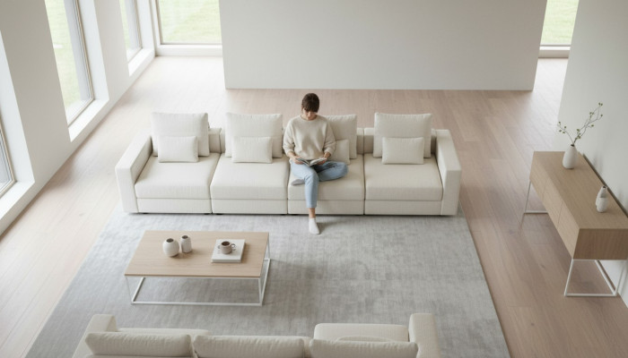 Sofà in tessuto di lusso a sei posti bianco per il soggiorno, moderno set di sedute.