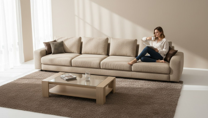 Grande divano beige imbottito a sei posti, set di sedute di design in tessuto.