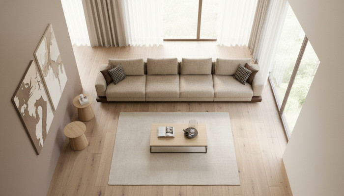 Grande divano beige imbottito a sei posti, set di sedute di design in tessuto.