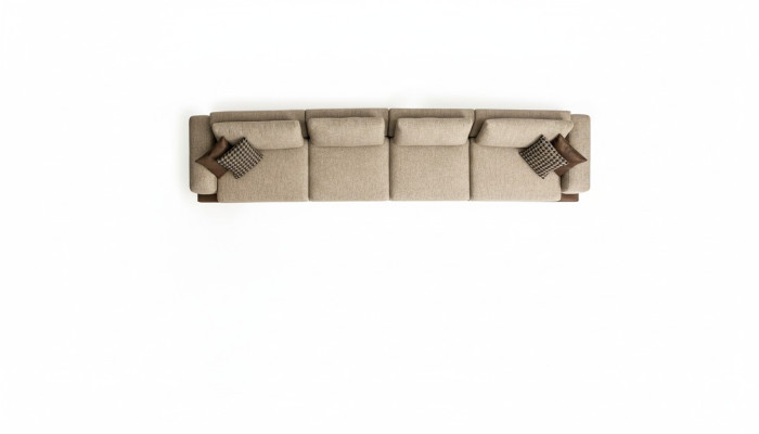 Grande divano beige imbottito a sei posti, set di sedute di design in tessuto.
