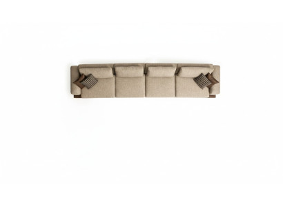 Grande divano beige imbottito a sei posti, set di sedute di design in tessuto.