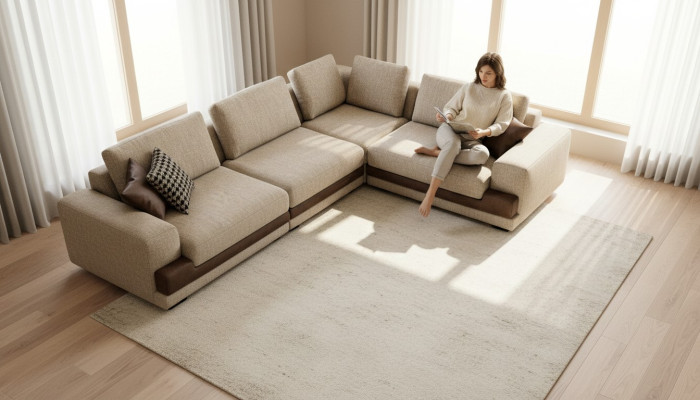 Divano angolare beige angolare imbottito a forma di L, divano moderno per soggiorno.