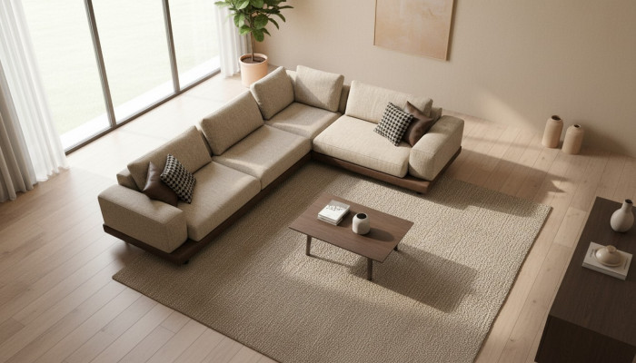 Divano angolare beige angolare imbottito a forma di L, divano moderno per soggiorno.