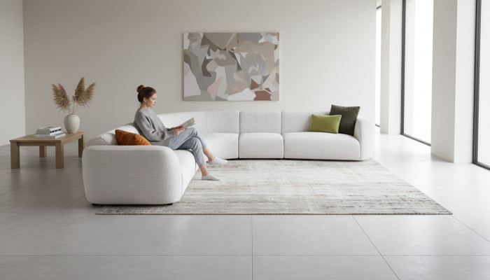 Sofà angolare moderno di design, divano a L, mobili da soggiorno