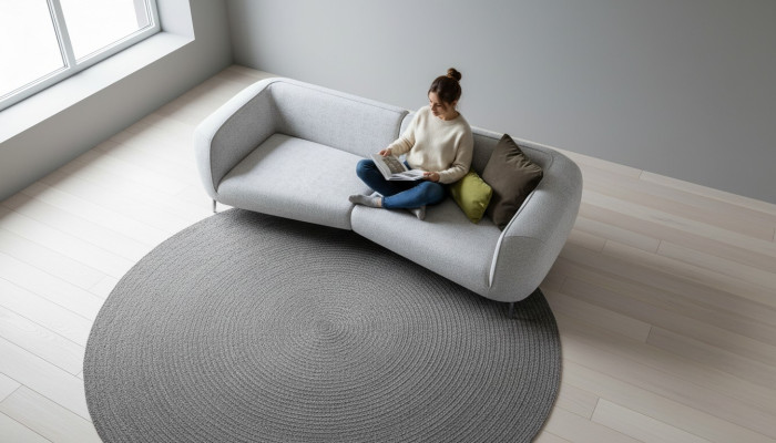 Divano grigio in tessuto moderno a quattro posti del designer per il soggiorno. Nuovo.