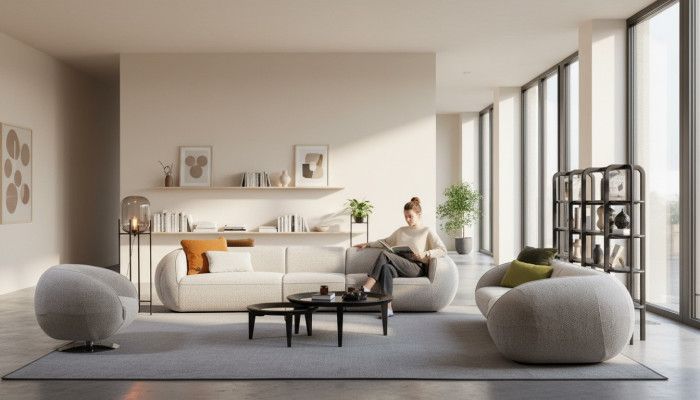 Set di divani di lusso per lounge, composto da un divano a cinque posti, un divano a tre posti e poltrone moderne.