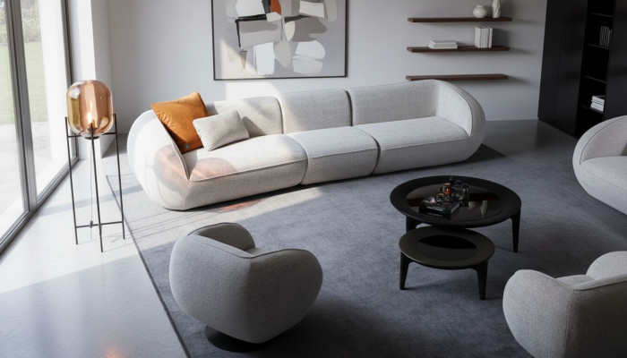 Set di mobili da soggiorno: divano a cinque posti, poltrona, mobili imbottiti, design del divano in 2 pezzi.