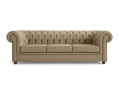 Divano Chesterfield beige da ufficio a tre posti, divano imbottito in tessuto di lusso.
