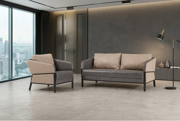 Divano grigio a due posti, divano moderno per ufficio, divano imbottito design.