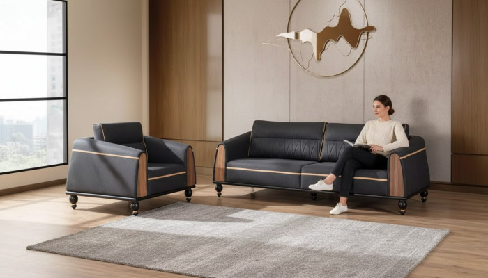 Divani neri Set moderno con tre posti poltrona mobili in tessuto 2 pezzi