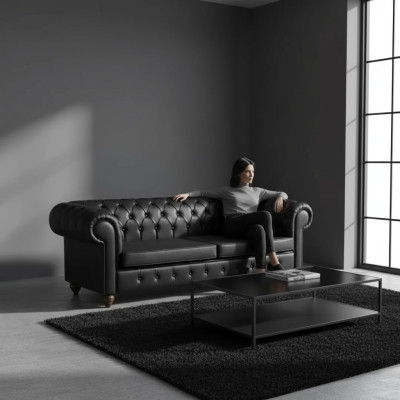 Divano Chesterfield nero a tre posti in ufficio, lussuoso.