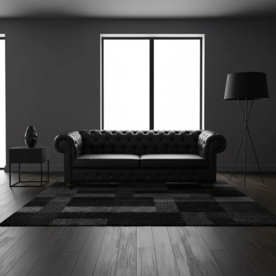 Divano Chesterfield nero a tre posti in ufficio, lussuoso.