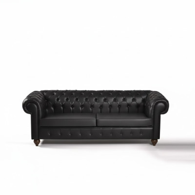 Divano Chesterfield nero a tre posti in ufficio, lussuoso.