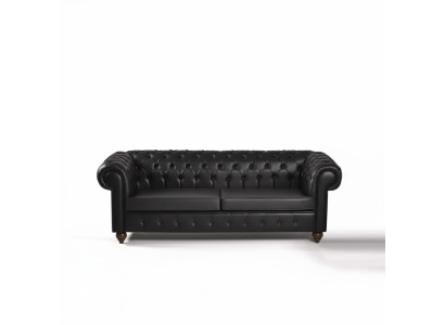 Divano Chesterfield nero a tre posti in ufficio, lussuoso.