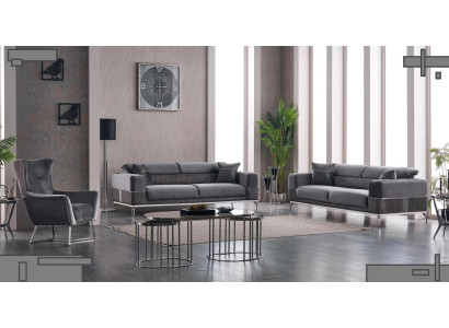 Set di divani di lusso 3 posti 331, grigio, in tessuto per il soggiorno, nuovo.