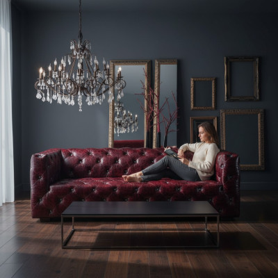 Divano Chesterfield 3 posti in pelle bordò.