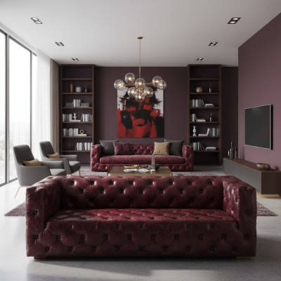 Divano Chesterfield 3 posti in pelle bordò.
