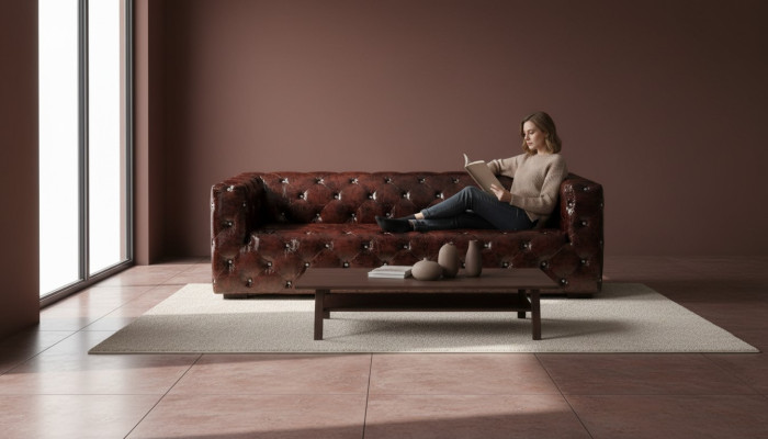 Divano Chesterfield 3 posti in pelle di lusso marrone 250 cm.