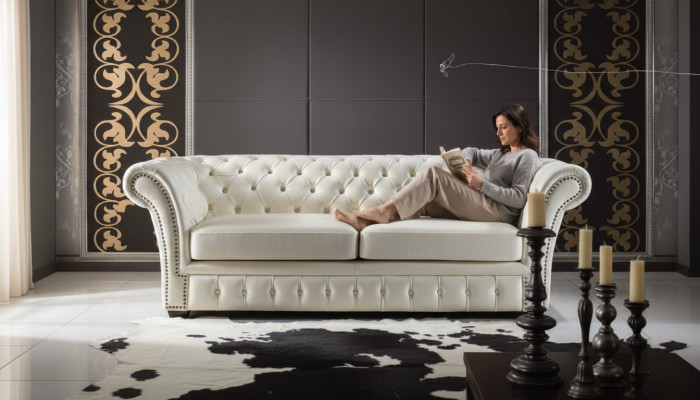 Divano Chesterfield di lusso a tre posti in bianco per il salotto.