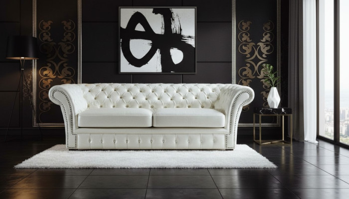 Divano Chesterfield di lusso a tre posti in bianco per il salotto.