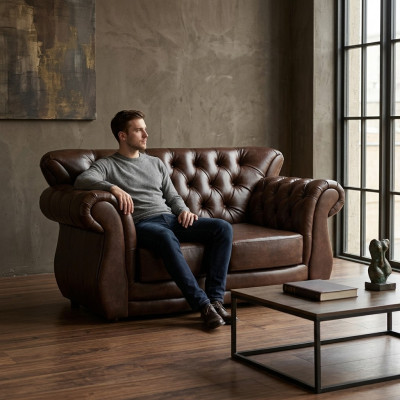 Divano Chesterfield lussuoso divano 2 posti in pelle marrone.