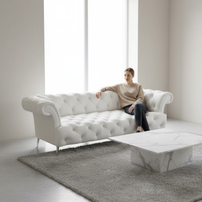 Divano Chesterfield 3 posti in ecopelle bianca, divano di lusso.