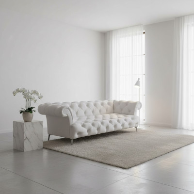 Divano Chesterfield 3 posti in ecopelle bianca, divano di lusso.