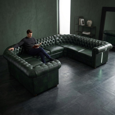 Divano ad angolo Chesterfield a forma di U, divano in pelle angolare, divano in pelle moderno nuovo.