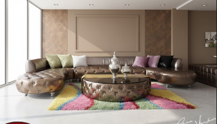 Divano ad angolo Chesterfield a forma di U, divano di lusso, salotto d'angolo oro.