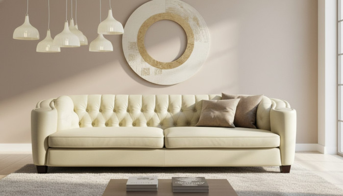 Divano Chesterfield di lusso a 4 posti in ecopelle bianca, moderno.