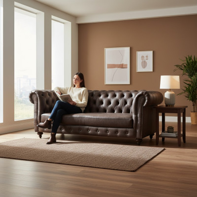 Divano Chesterfield 3 posti in pelle veritiera marrone.