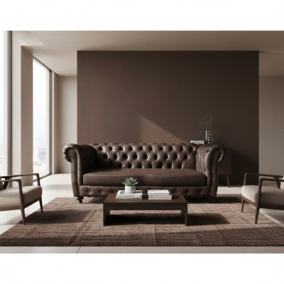 Divano Chesterfield 3 posti in pelle veritiera marrone.