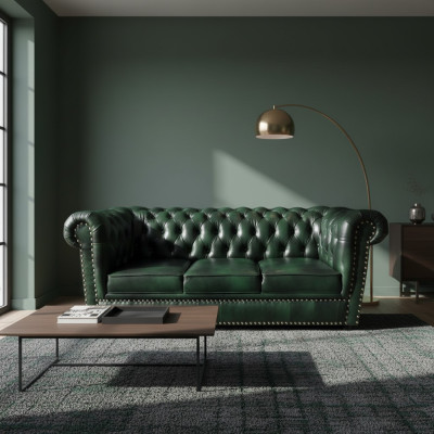 Divano Chesterfield a tre posti in vera pelle verde, lunghezza 230 cm.