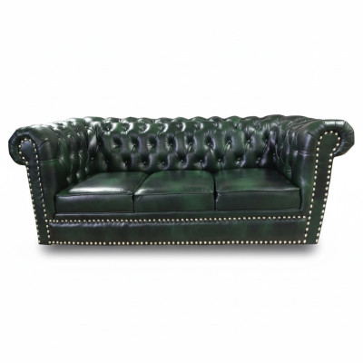 Divano Chesterfield a tre posti in vera pelle verde, lunghezza 230 cm.