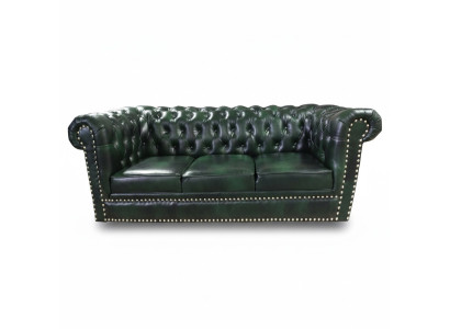 Divano Chesterfield a tre posti in vera pelle verde, lunghezza 230 cm.