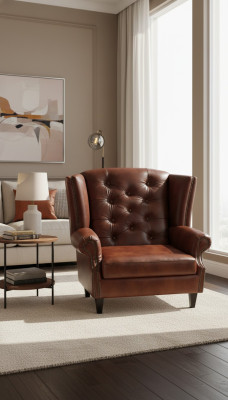 Lussuosa poltrona Chesterfield in pelle marrone, divano moderno.