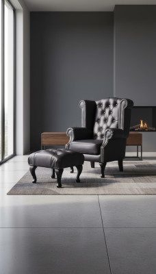 Lussuosa poltrona con poggia piedi Chesterfield in pelle nera moderna.