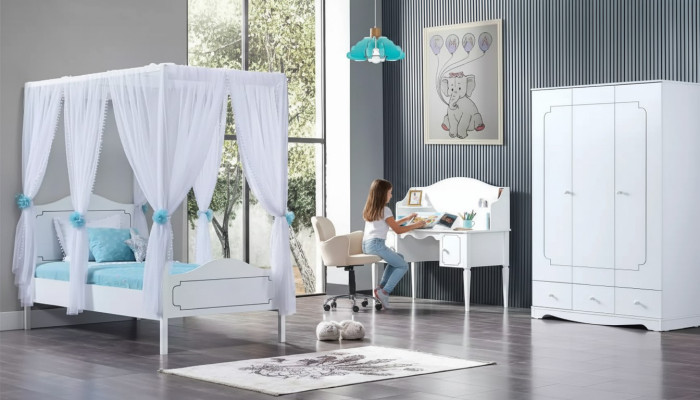 Stanza dei bambini Camera da letto Letto Letto a baldacchino 100x200cm Bianco Legno Letti