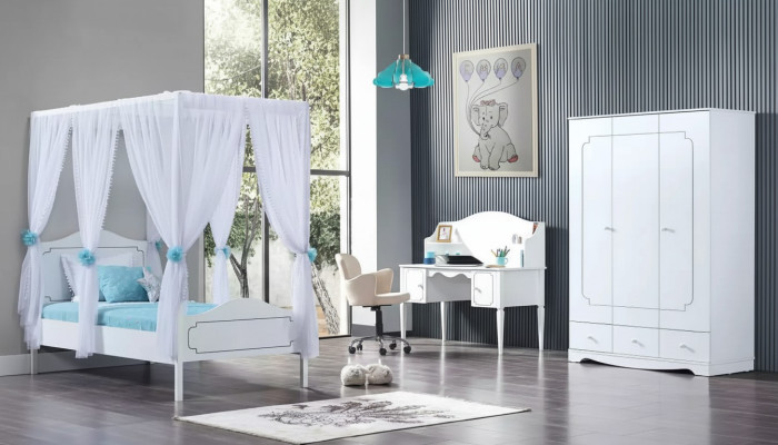 Stanza dei bambini Camera da letto Letto Letto a baldacchino 100x200cm Bianco Legno Letti