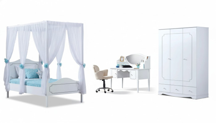 Stanza dei bambini Camera da letto Letto Letto a baldacchino 100x200cm Bianco Legno Letti