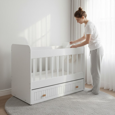 Lettino per bambini con cassettone bianco in stile per la camera dei bambini.