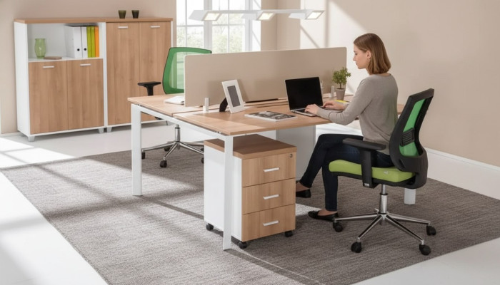 Moderno tavolo da studio in legno per ufficio, mobili di lusso marroni.