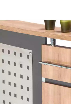 Moderno bancone d'accoglienza con cassettiera in legno grigio, mobili per ufficio nuovi.